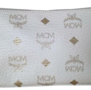 MCM White and Gold Pouch Logo Cosmetic Bag NEW